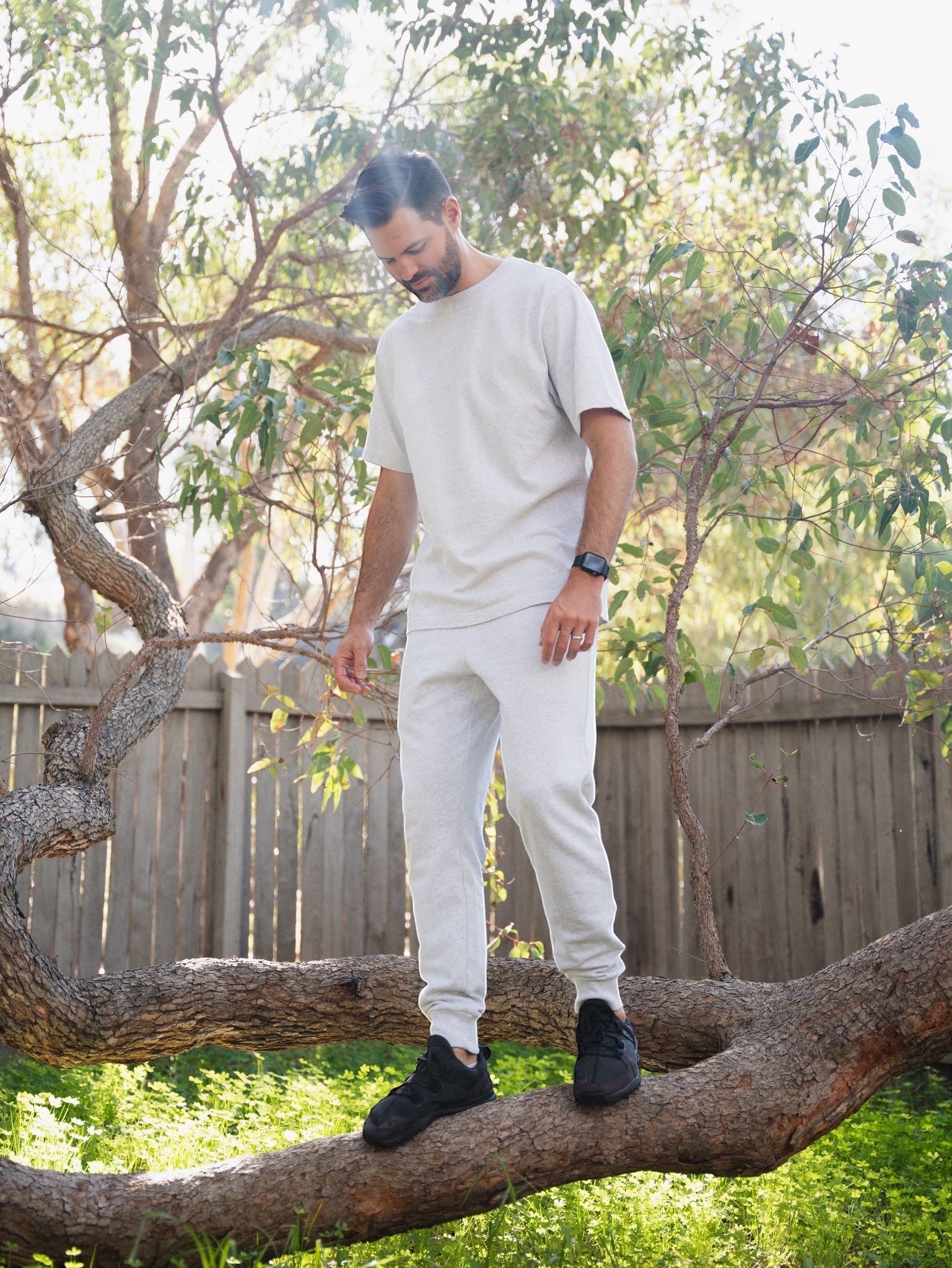 Grey trackpants and t-shirt from STAPLE Co