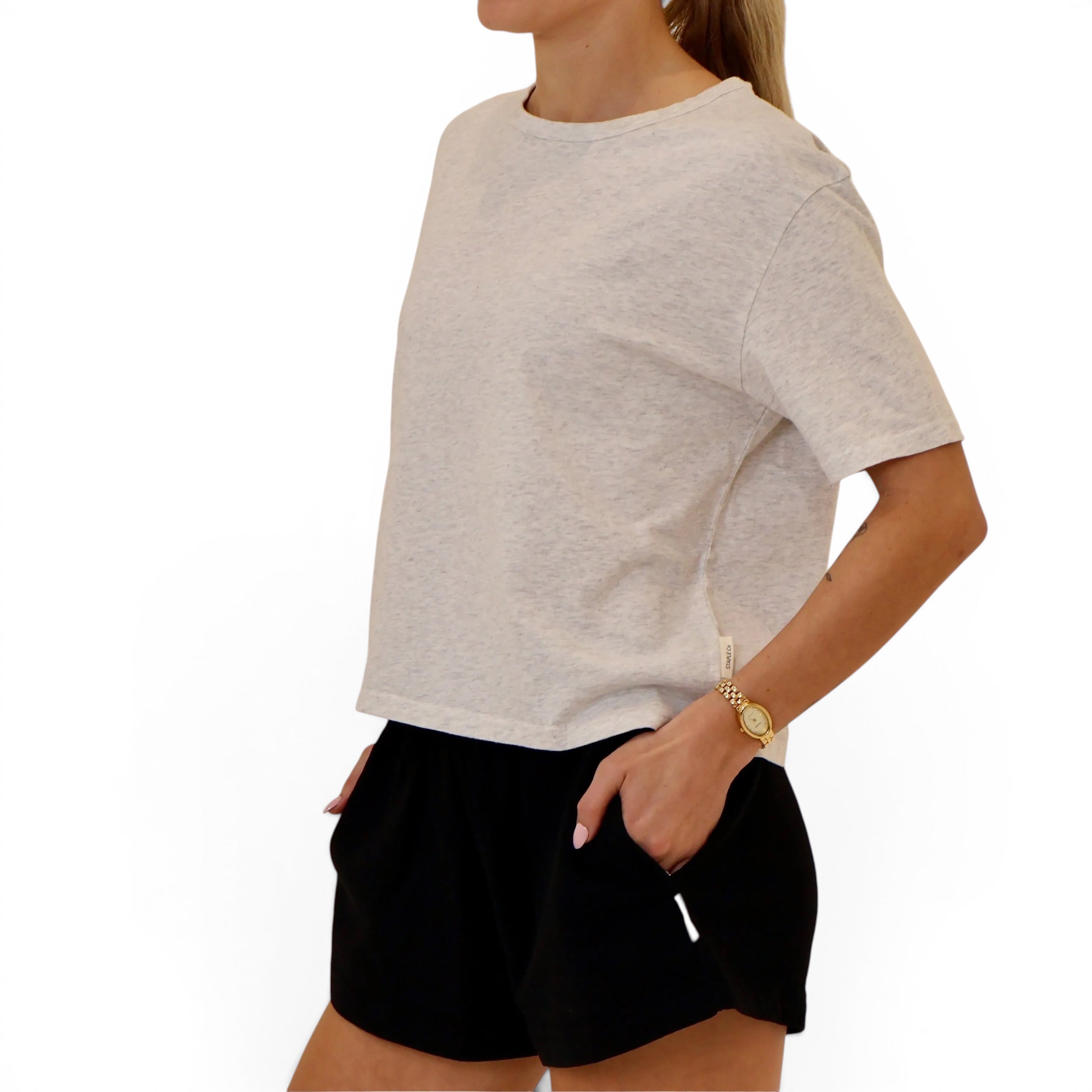 Grey boxy tee with black organic cotton shorts