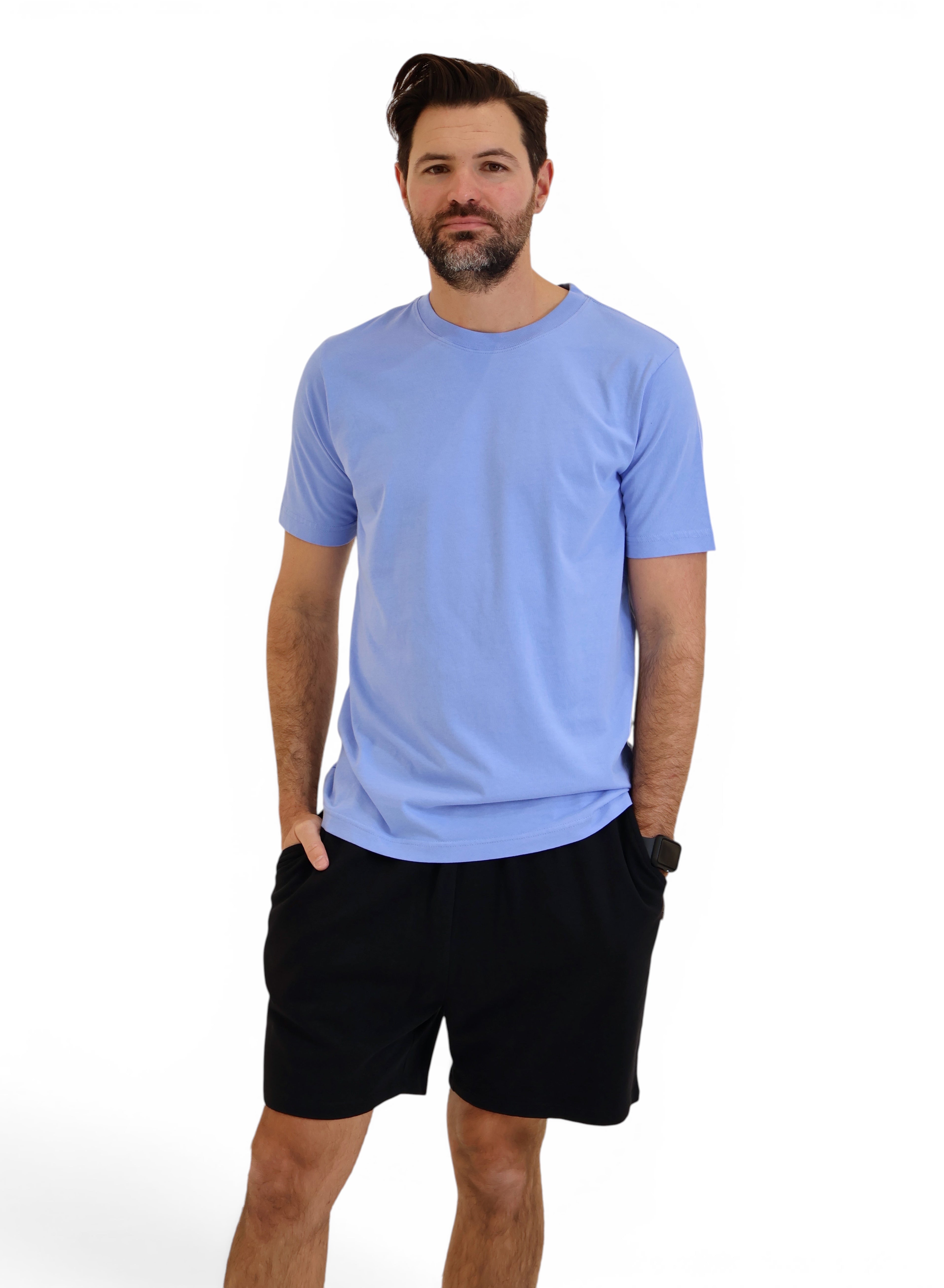 Blue organic cotton t-shirt and black shorts. STAPLE Co.