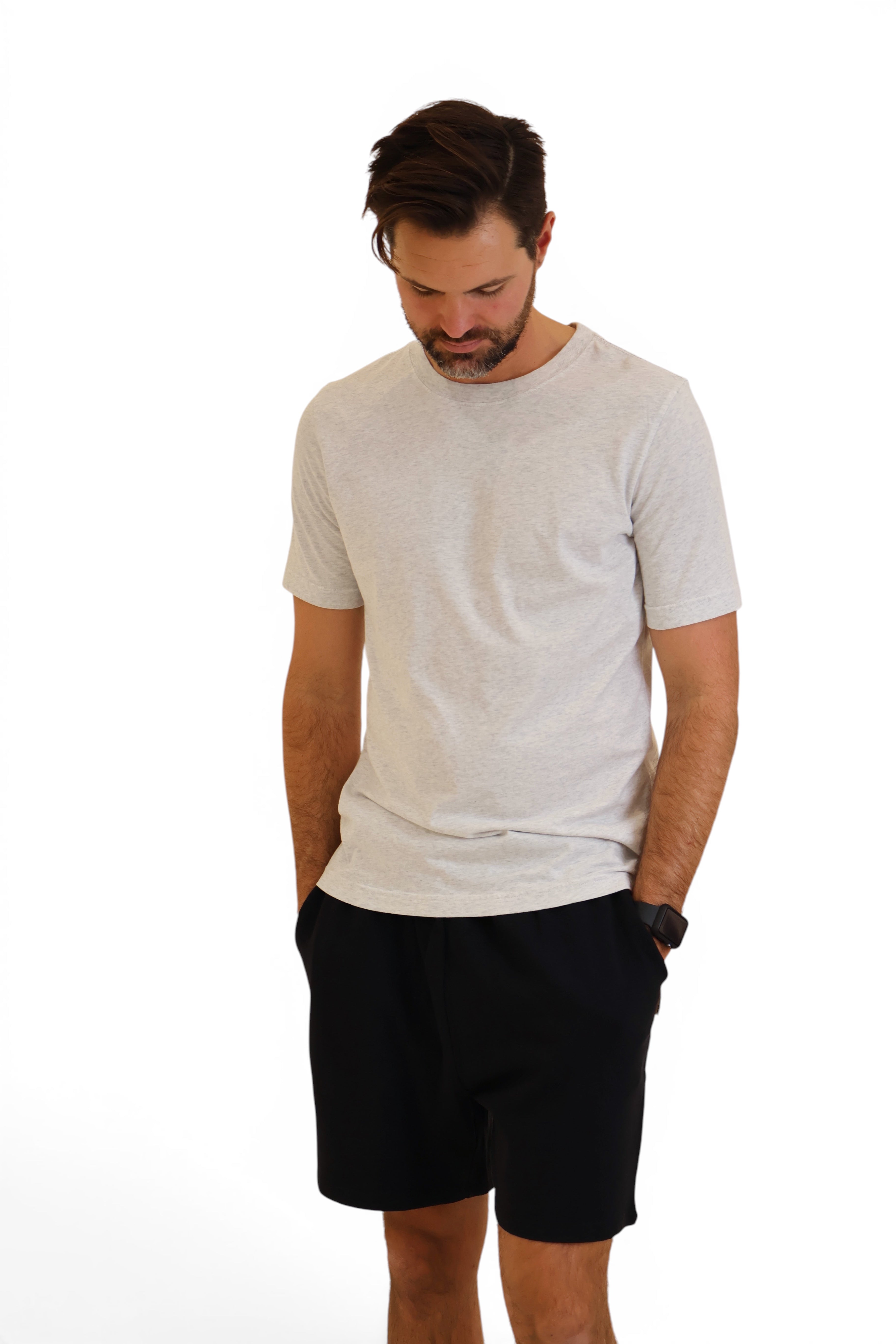 Grey organic cotton t-shirt and black shorts. STAPLE Co.