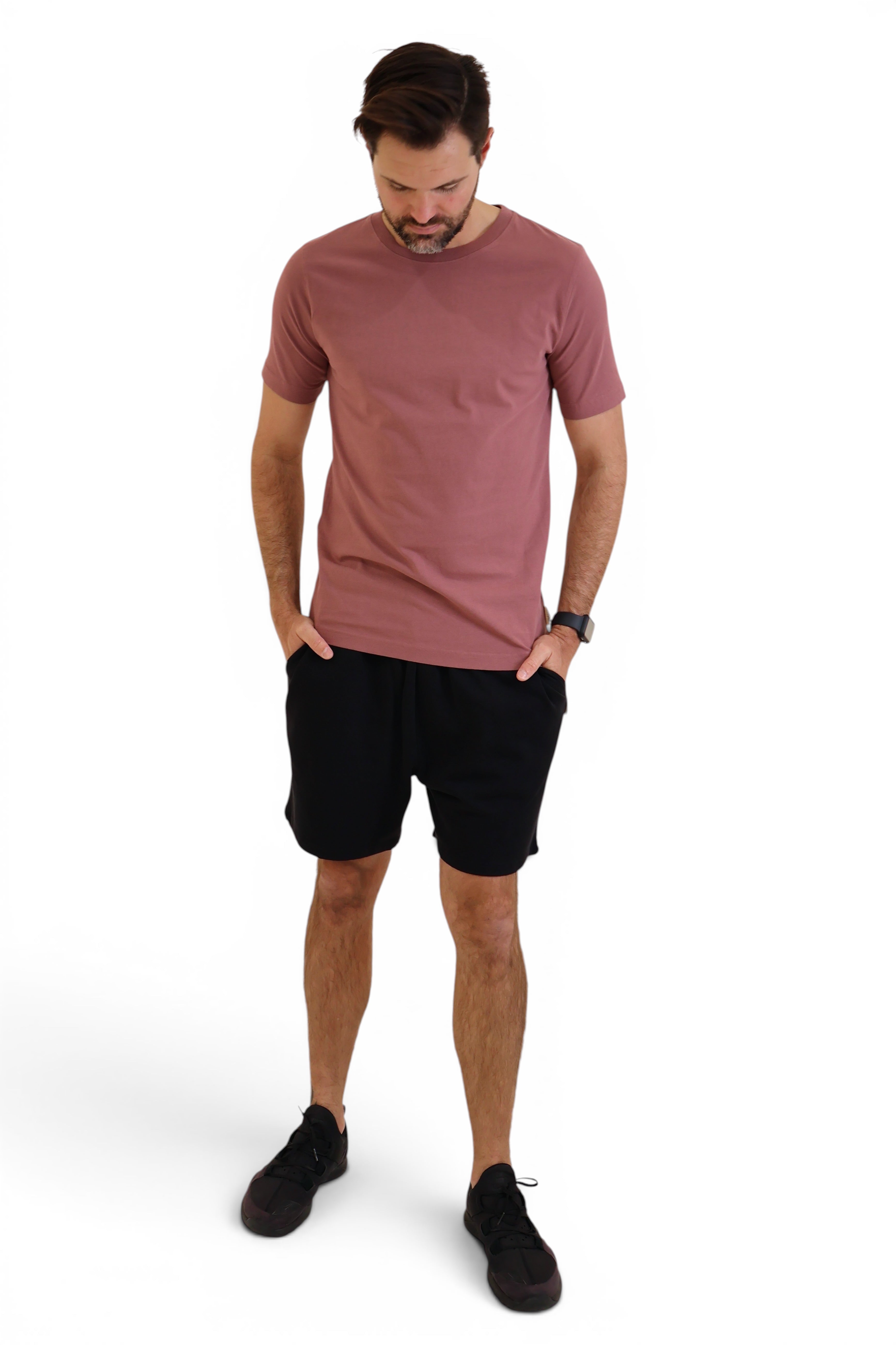 Rose Brown organic cotton t-shirt and black shorts.