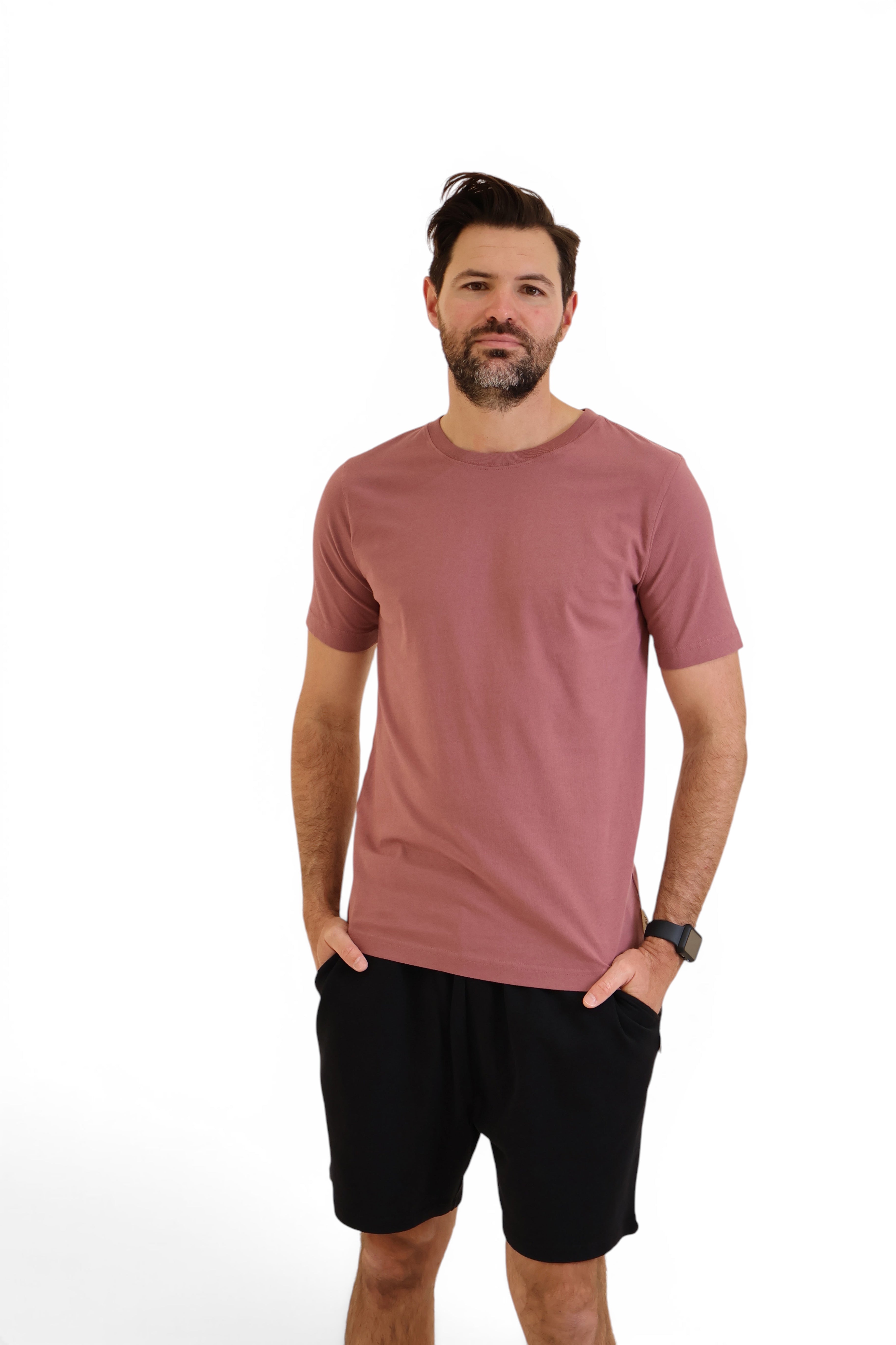 Rose brown organic cotton t-shirt on man.