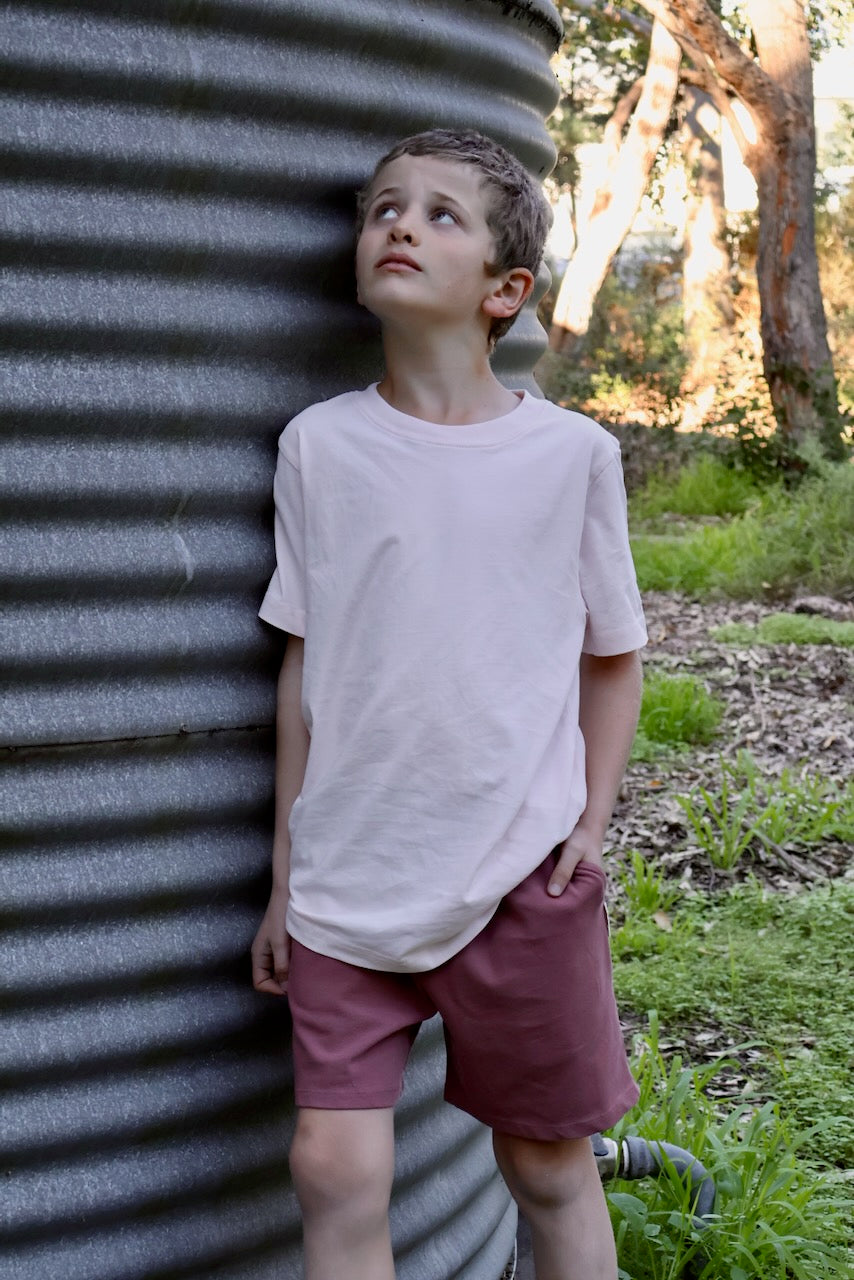 Regenerative Organic Certified Cotton t-shirt and shorts, pink and rose brown