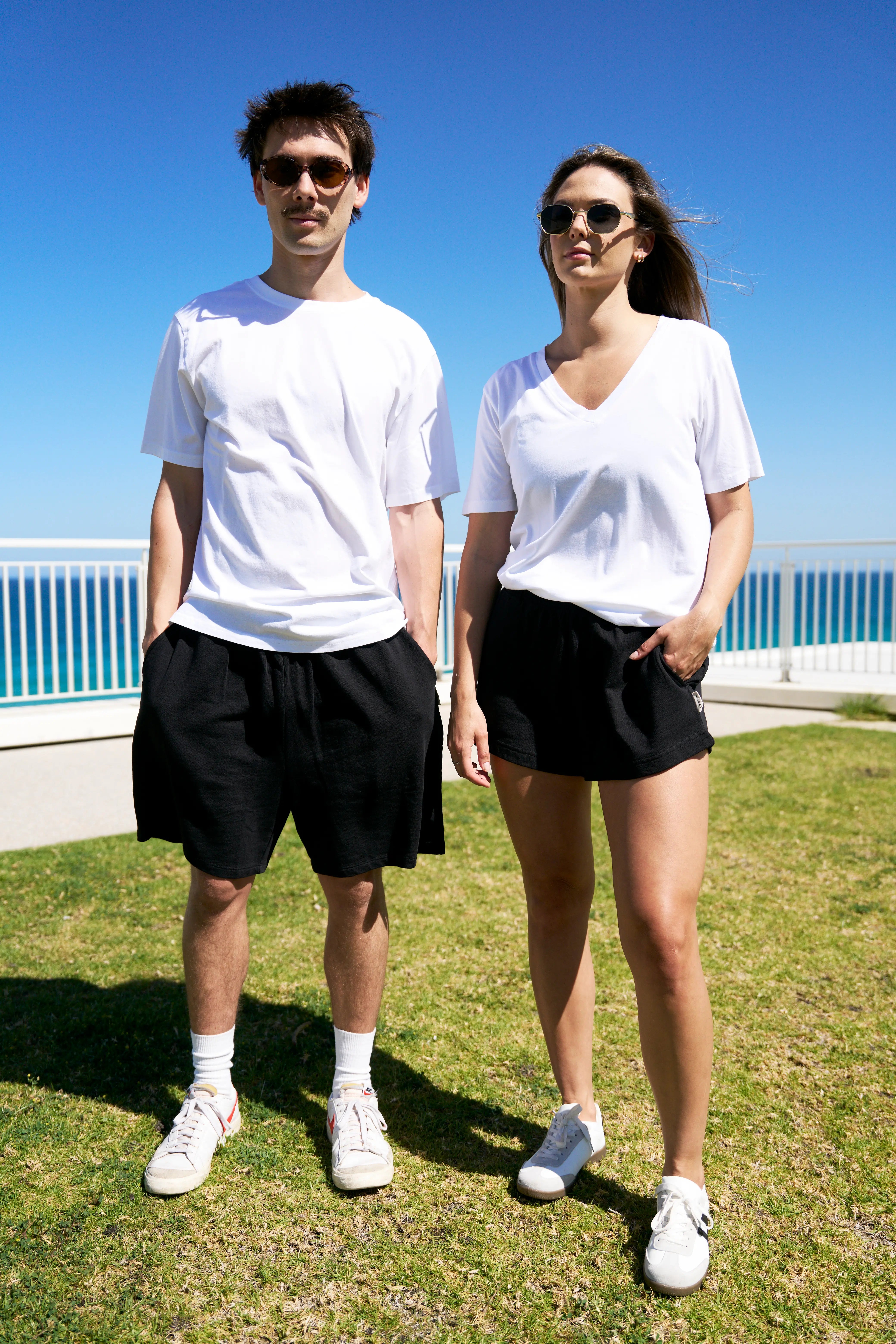 Organic cotton v-neck t-shirt in white with organic cotton french terry shorts