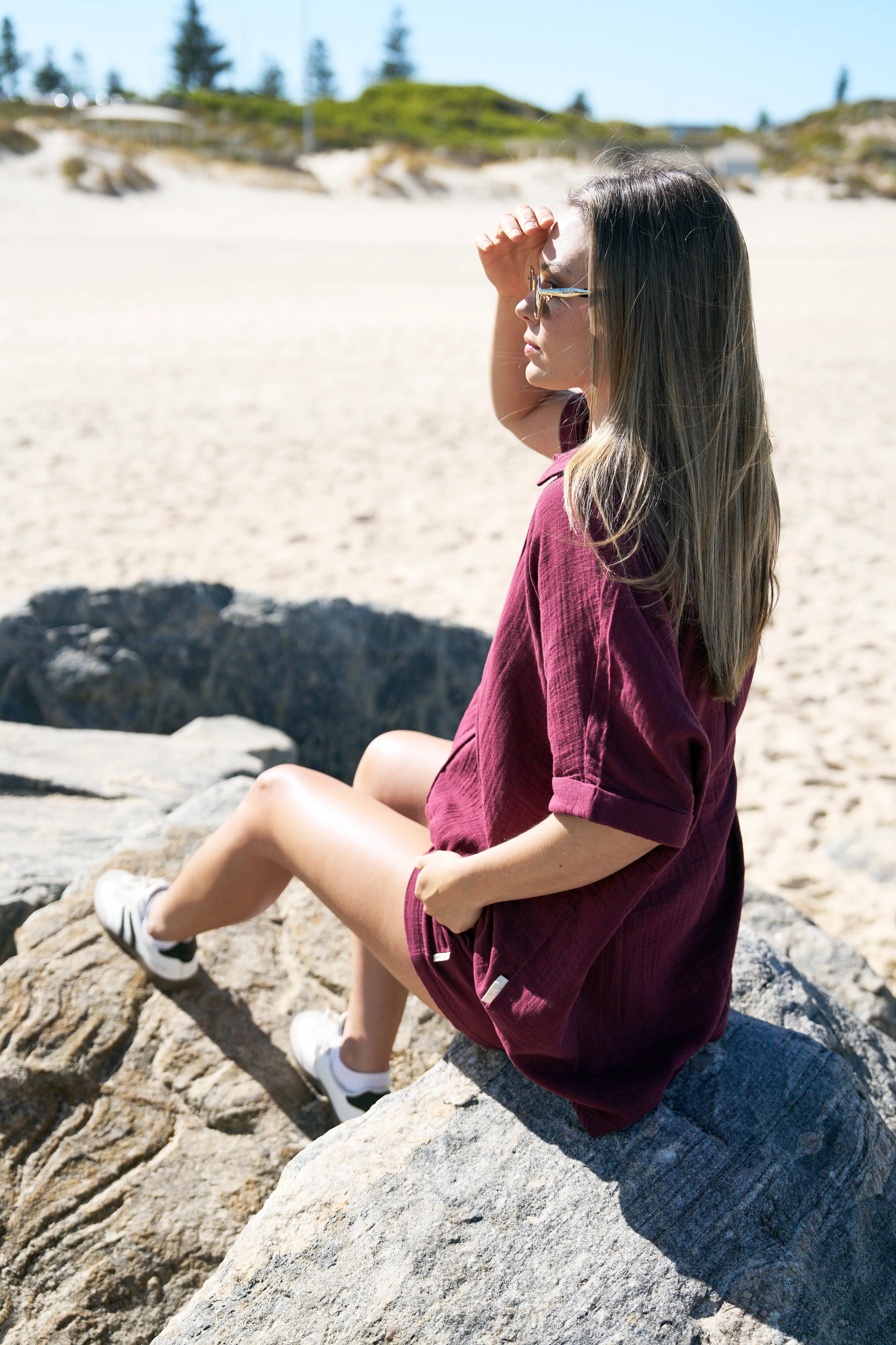 Organic cotton double gauze shirt in Maroon