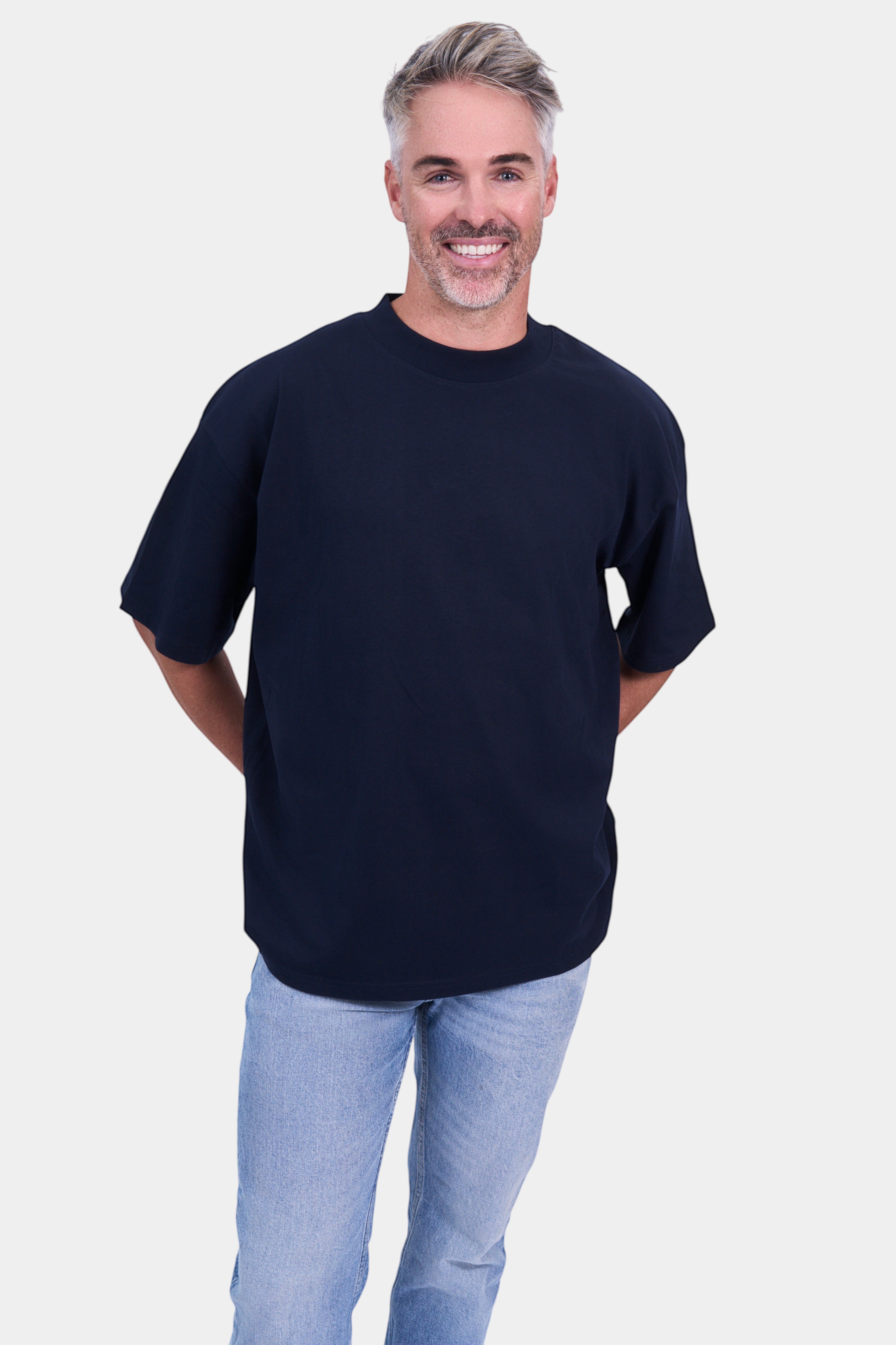STAPLE Co navy organic cotton high neck oversized t-shirt.