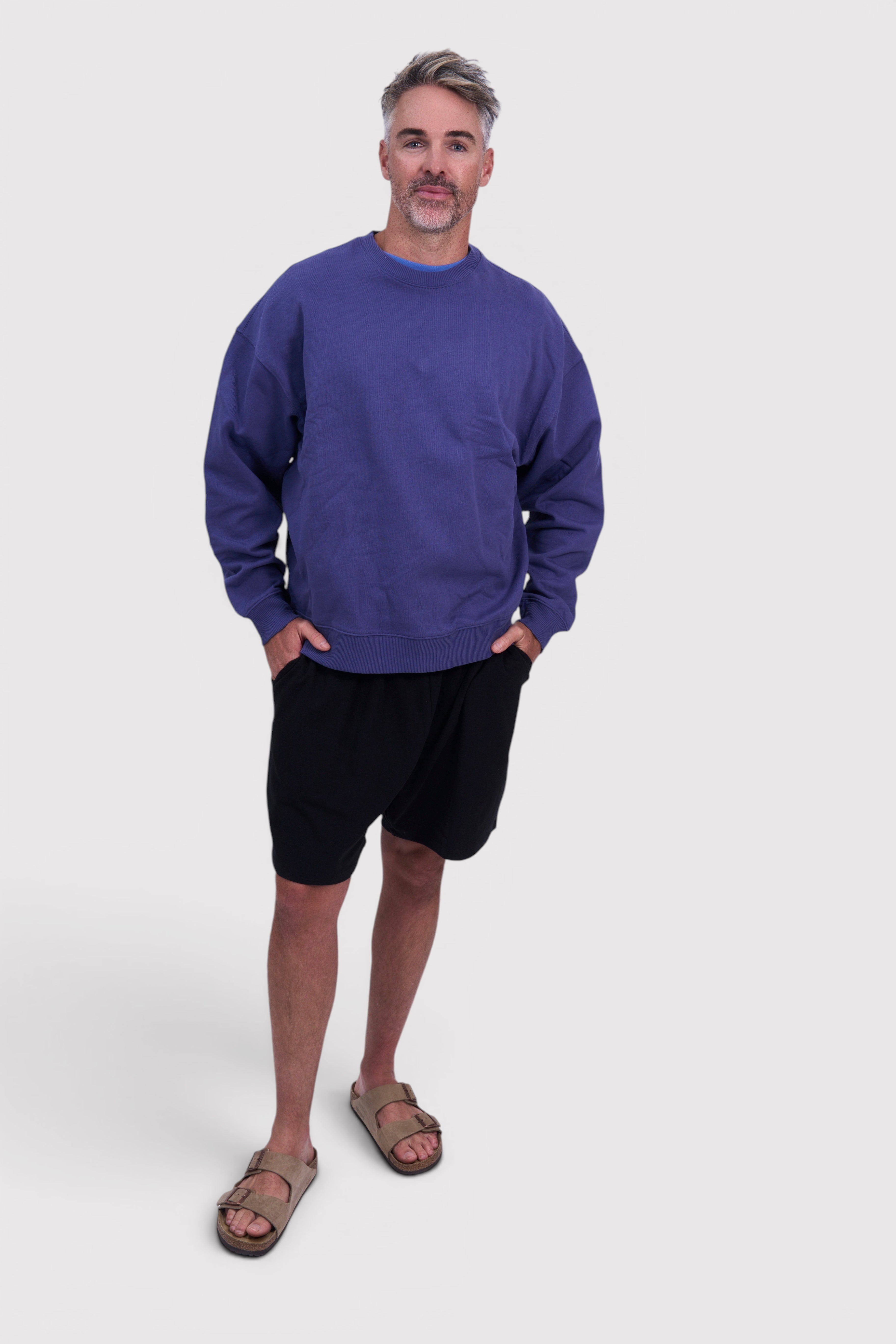 STAPLE Co oversized crew neck jumper in blue dusk, made from brushed organic cotton. Relaxed fit.