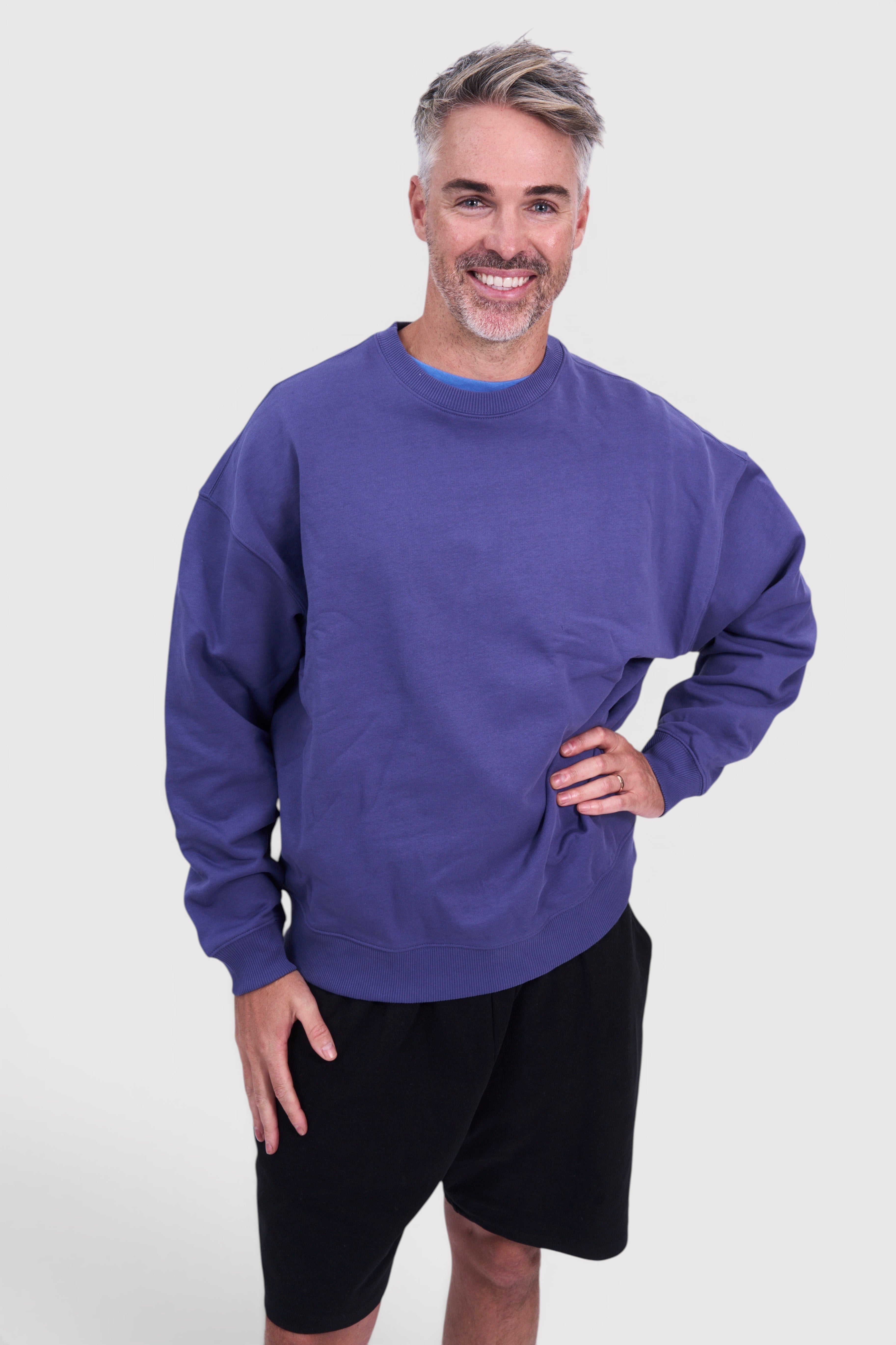 STAPLE Co. oversized crew neck jumper in deep purple, made from 100% brushed organic cotton. Relaxed fit.