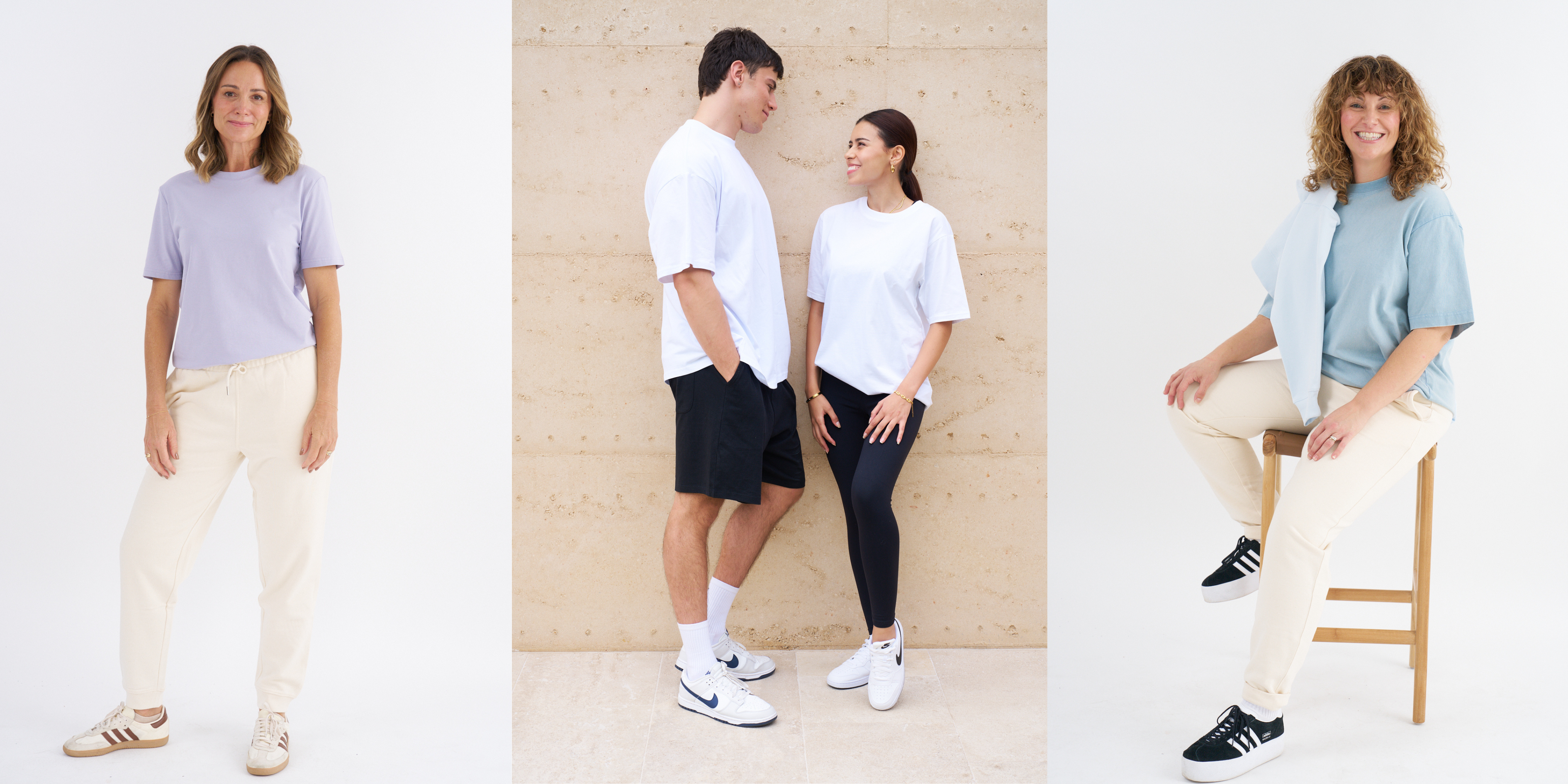 Four people wearing different outfits in a minimalistic setting