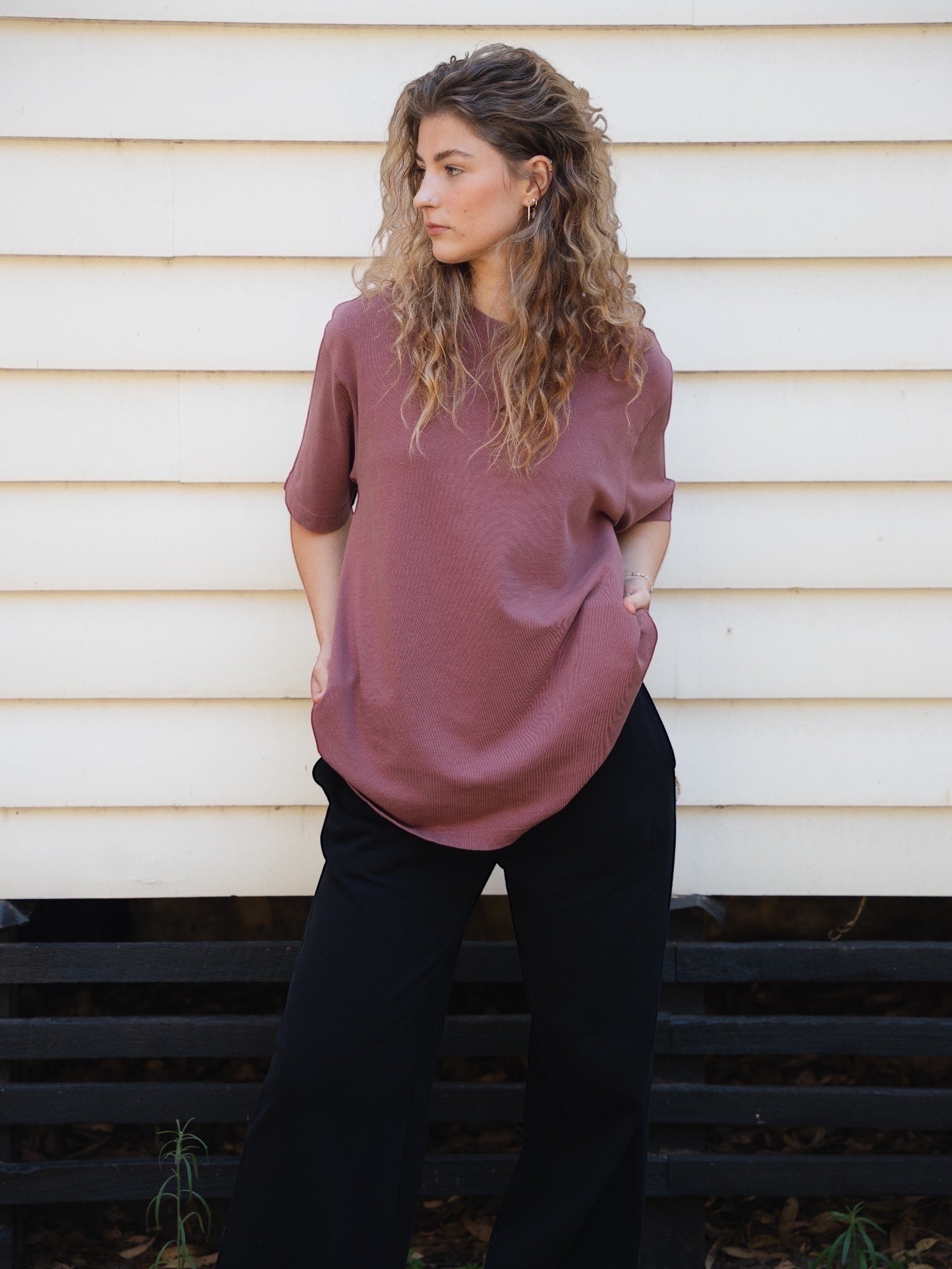Rose Brown STAPLE Co Heavy t-shirt on female model