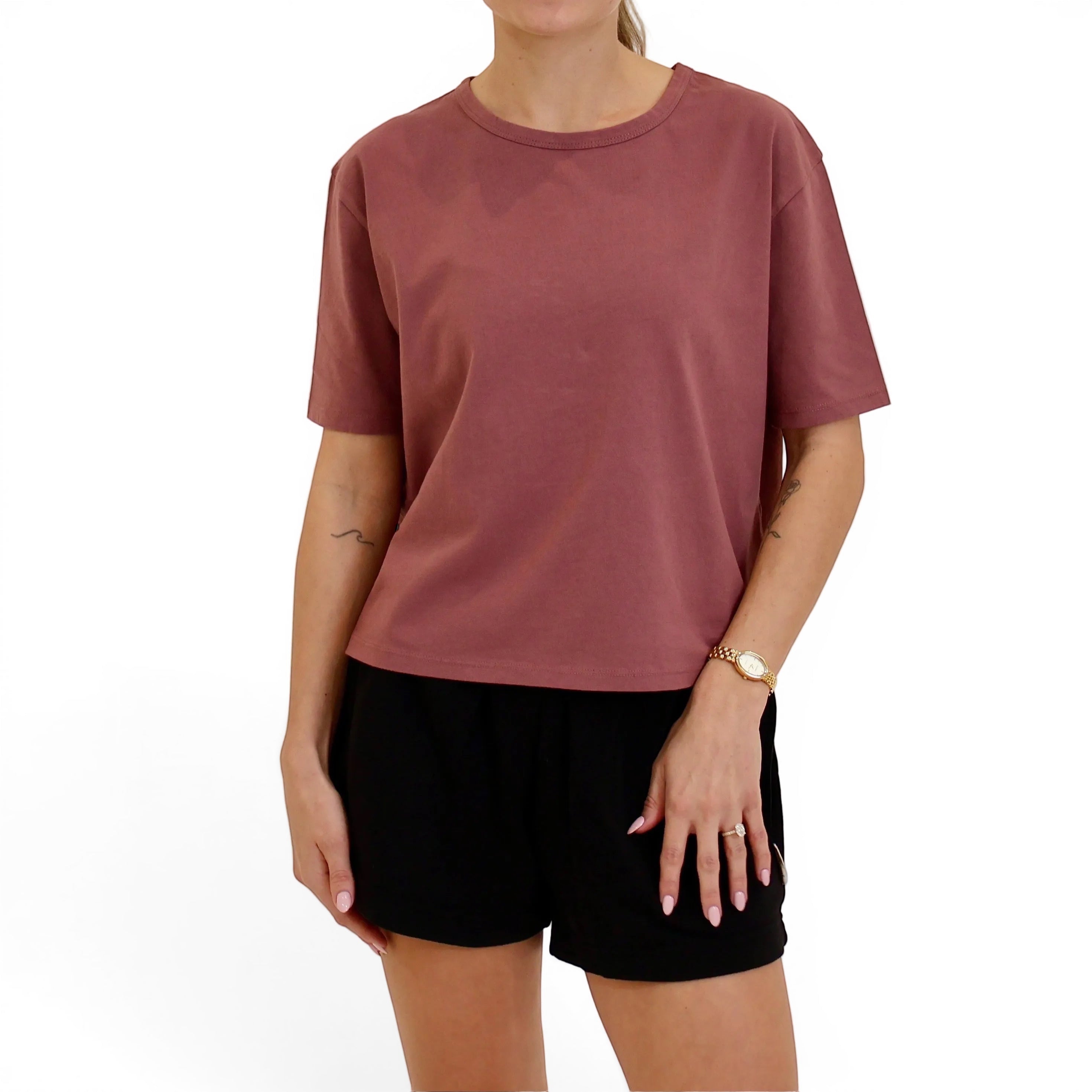 Rose brown boxy organic cotton t-shirts with French Terry shorts