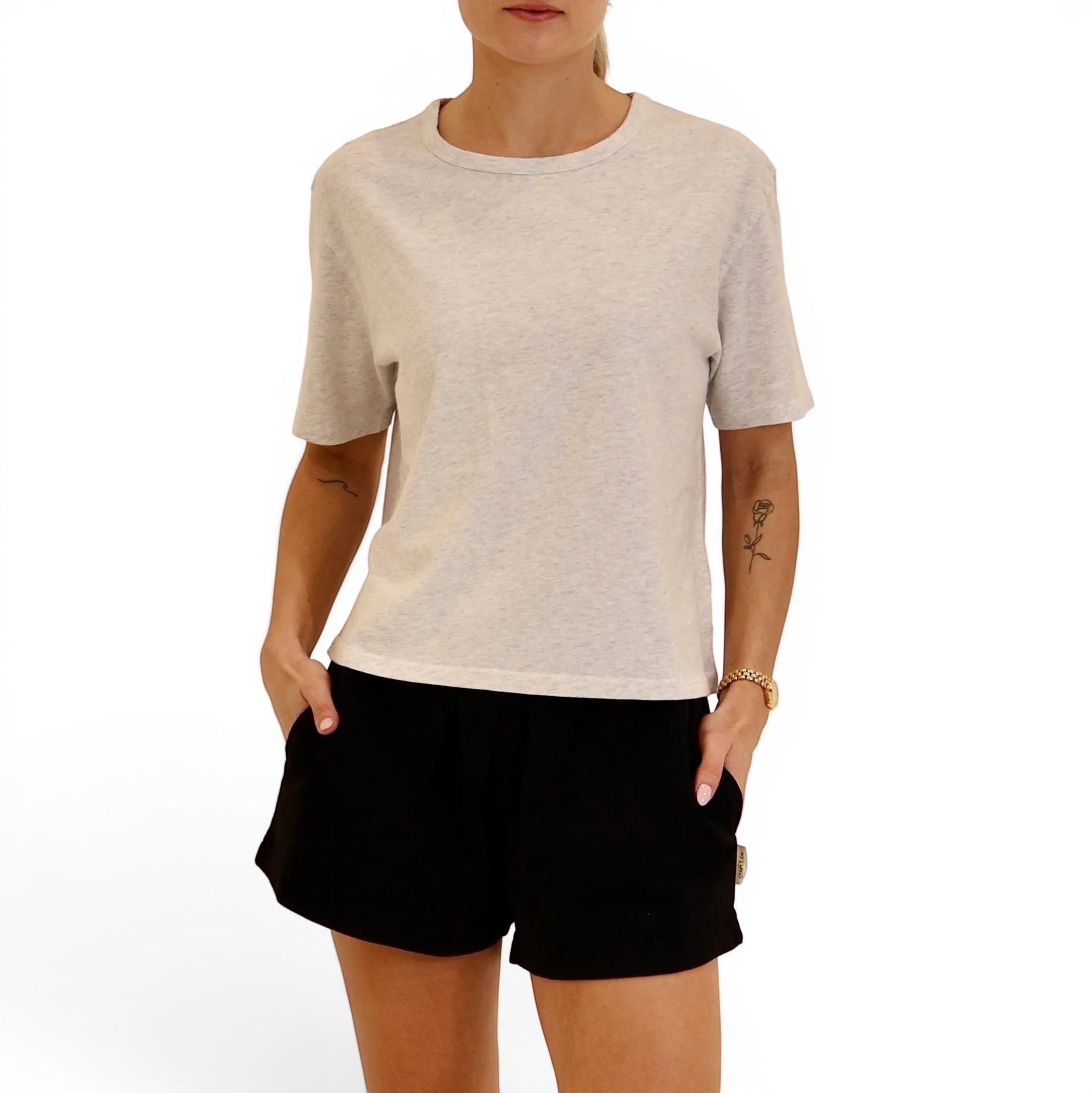 Grey boxy tee with black shorts