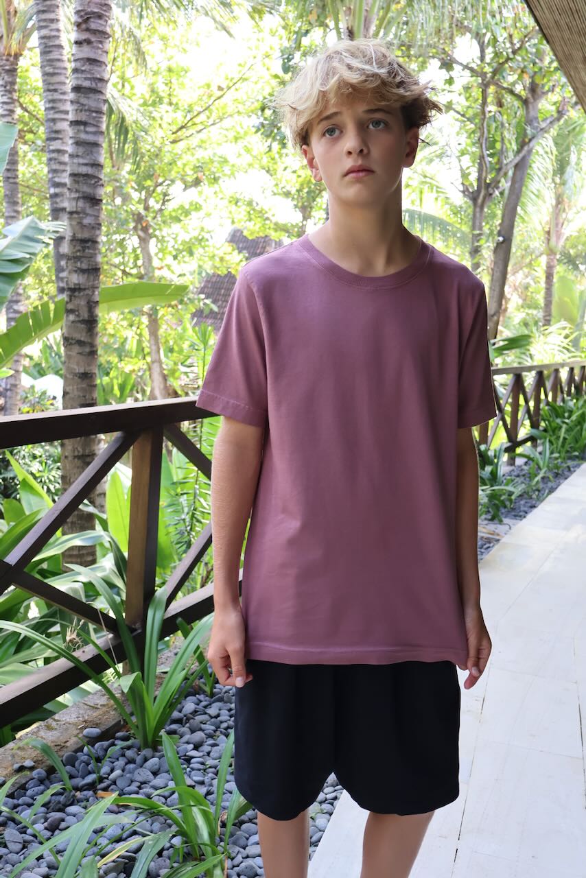 Regenerative Organic Certified T-shirt for Children in Rose Brown and Black Shorts