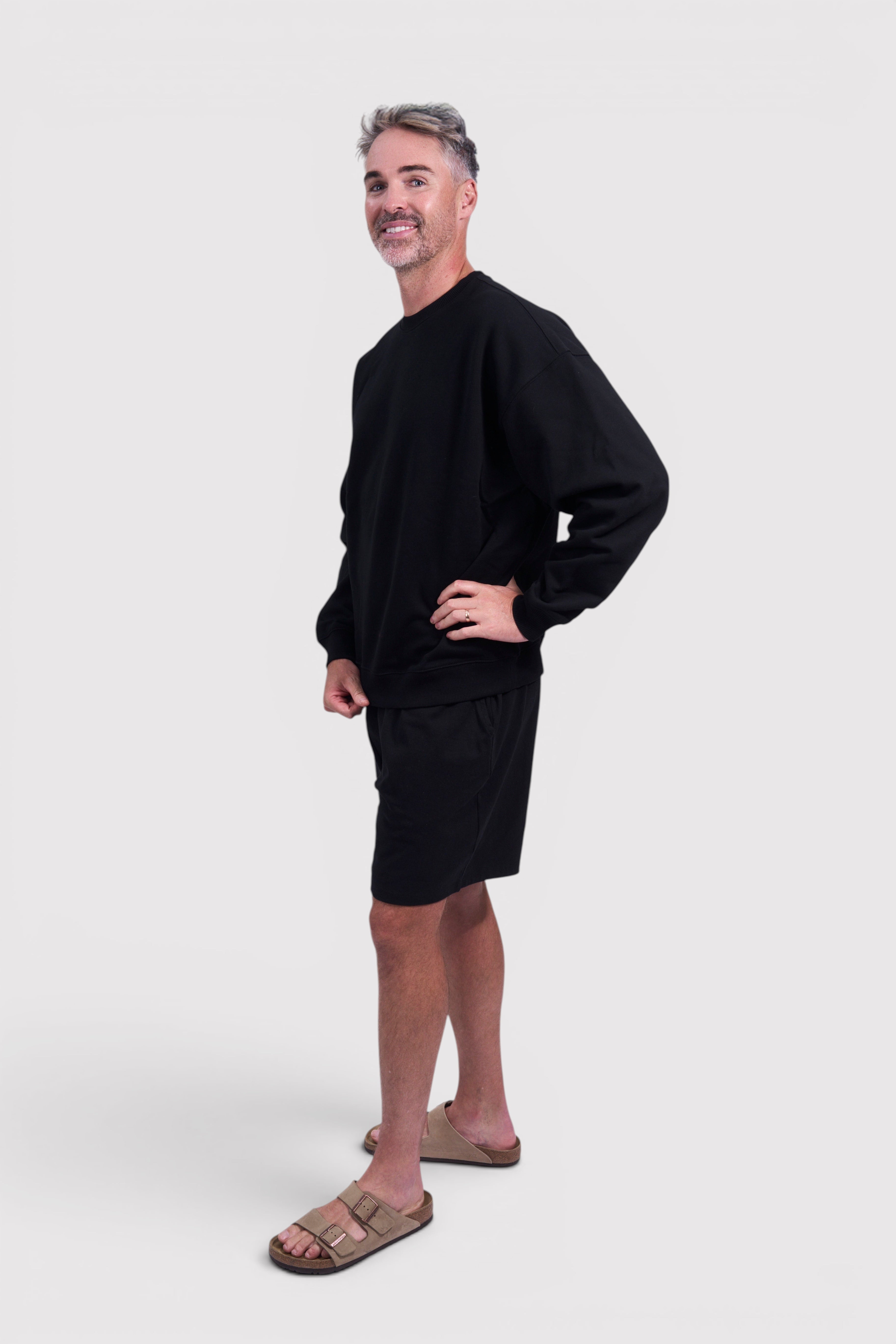 STAPLE Co black oversized crew neck jumper made from 100% brushed organic cotton, 350 GSM heavyweight fabric.