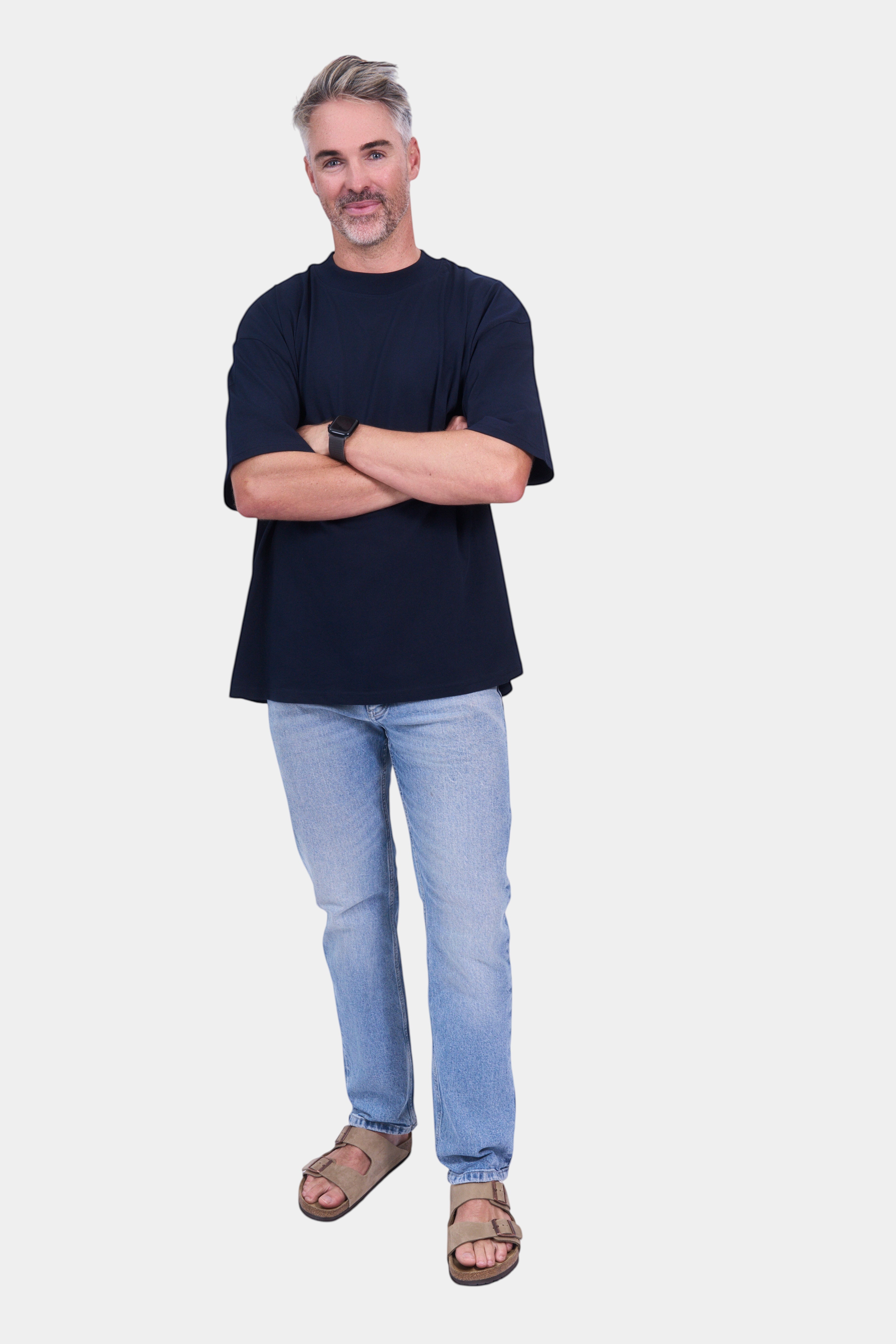 STAPLE Co navy organic cotton high neck oversized t-shirt.