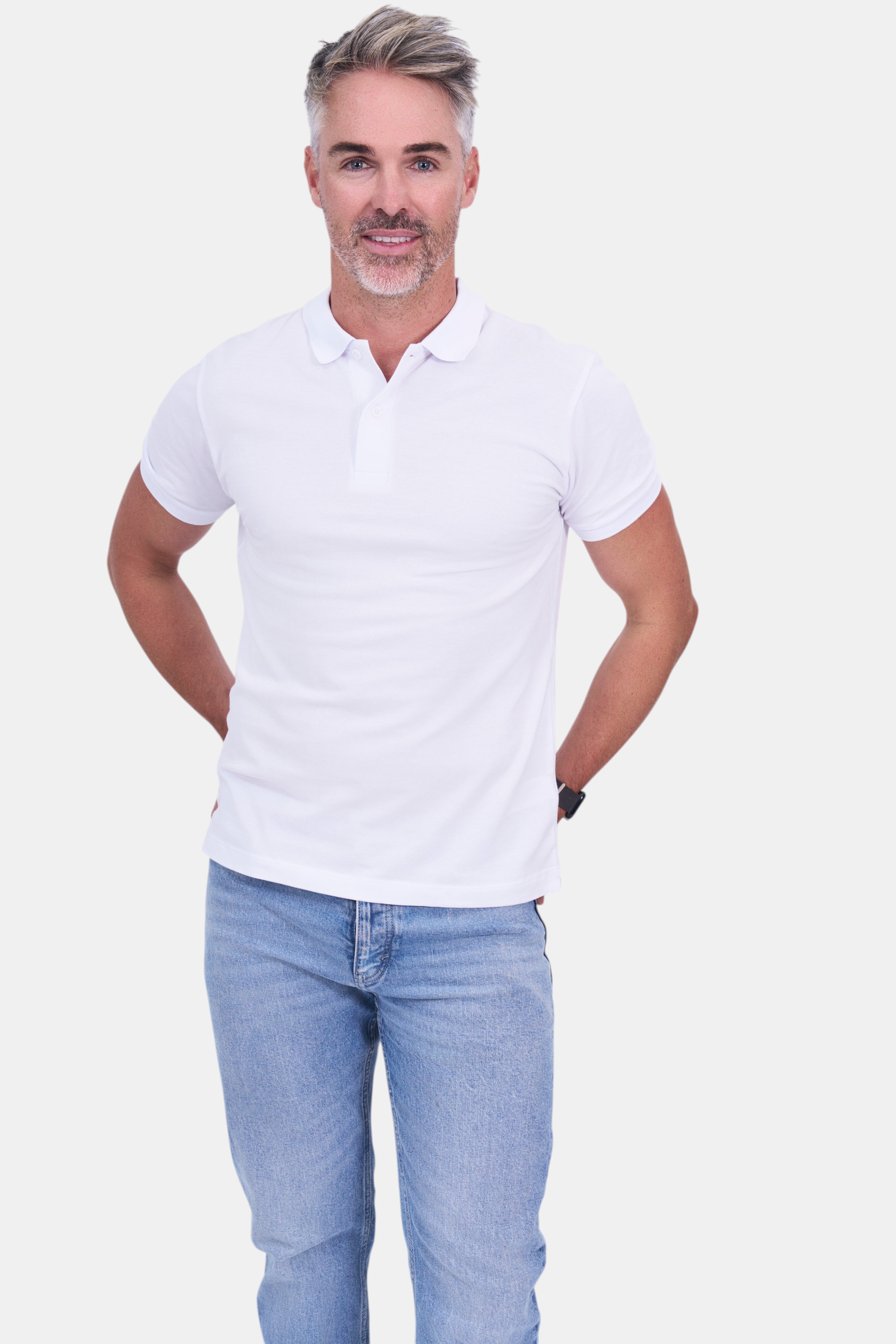 STAPLE Co white organic cotton short-sleeve polo shirt on a man wearing light wash jeans.