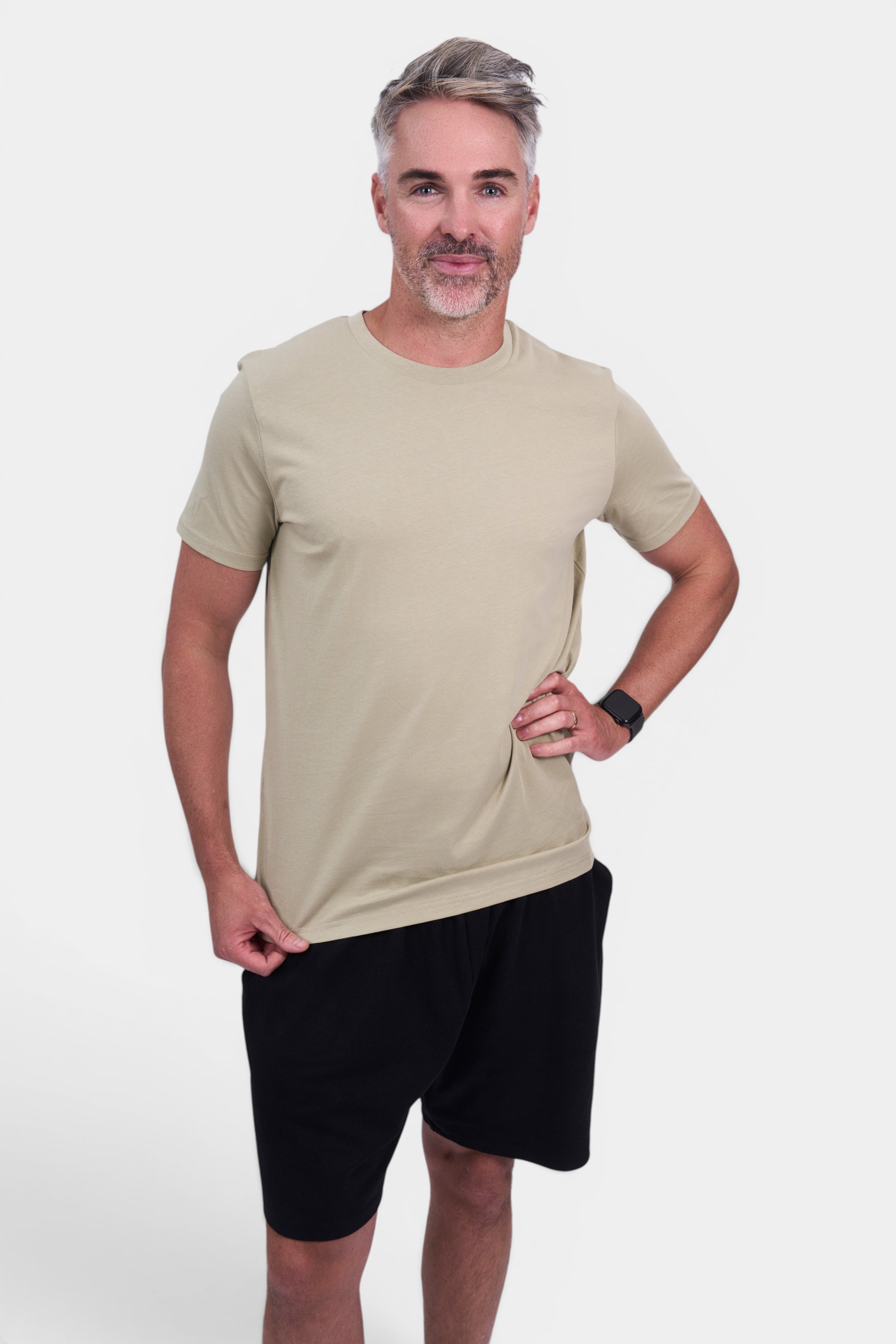 STAPLE Co. men's classic fit organic cotton t-shirt in tan, crew neck, short sleeves.