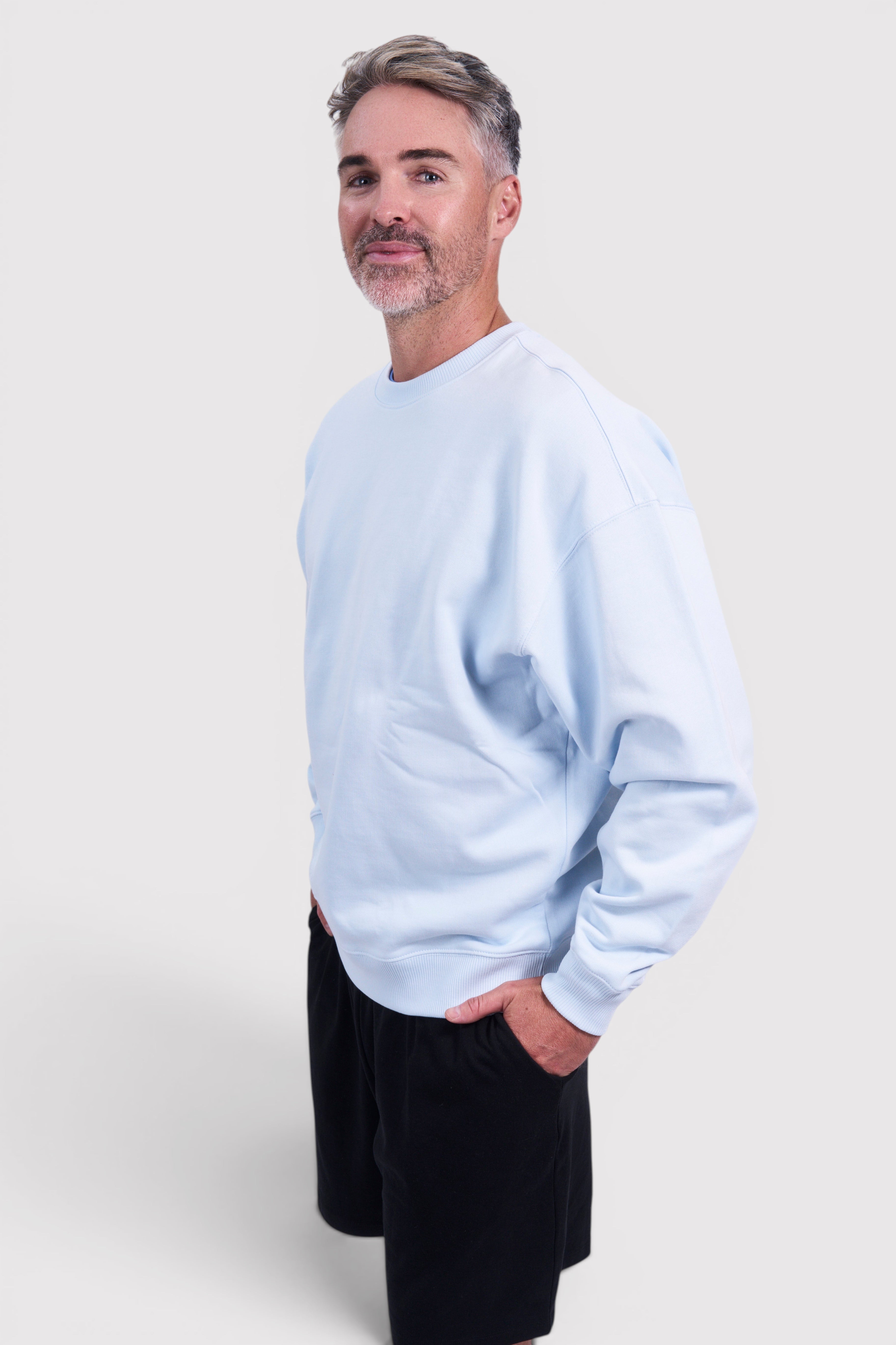STAPLE Co. light blue oversized crew neck jumper made from brushed organic cotton. Relaxed fit.