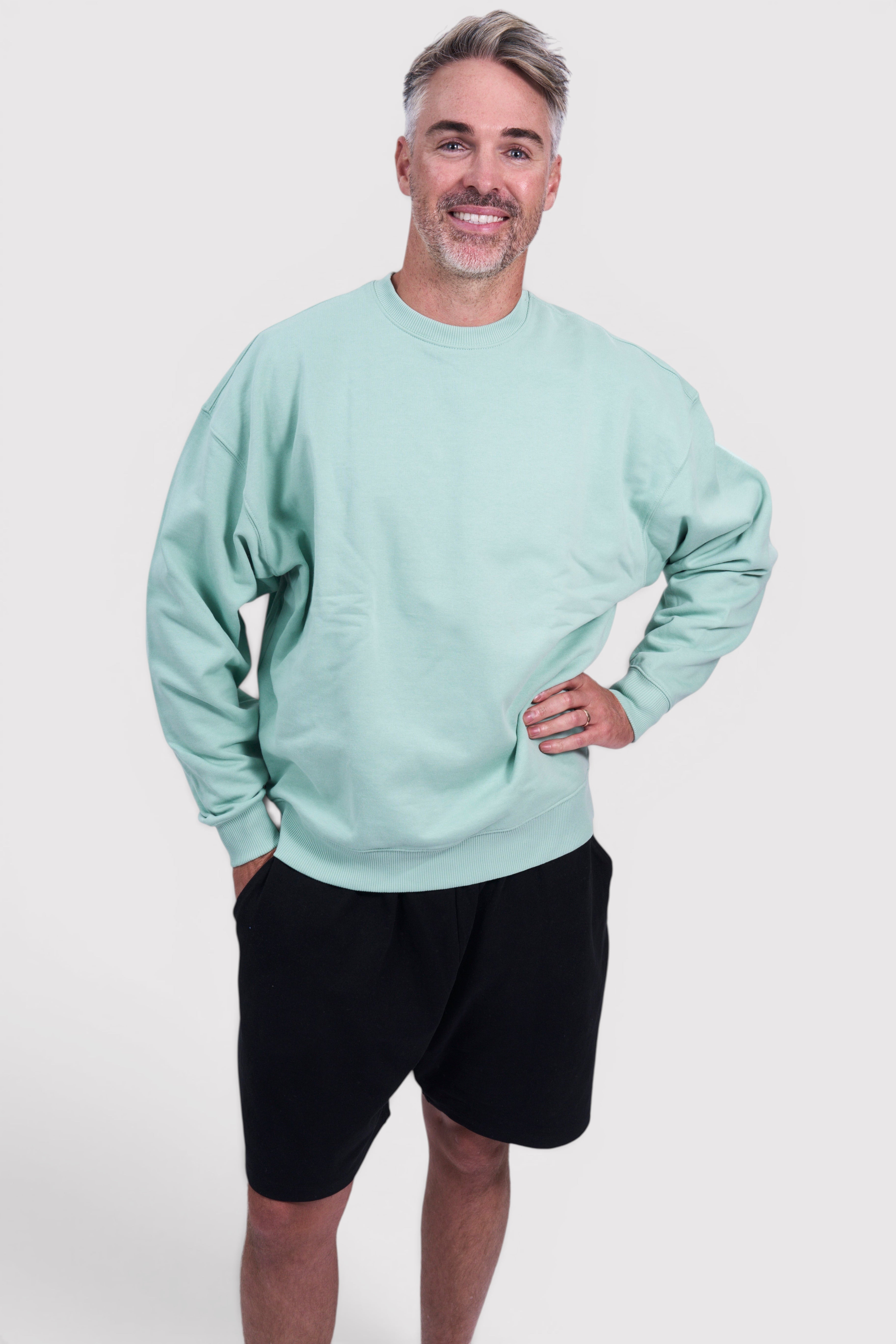 STAPLE Co. oversized mint green crew neck jumper made from brushed organic cotton. Relaxed fit.