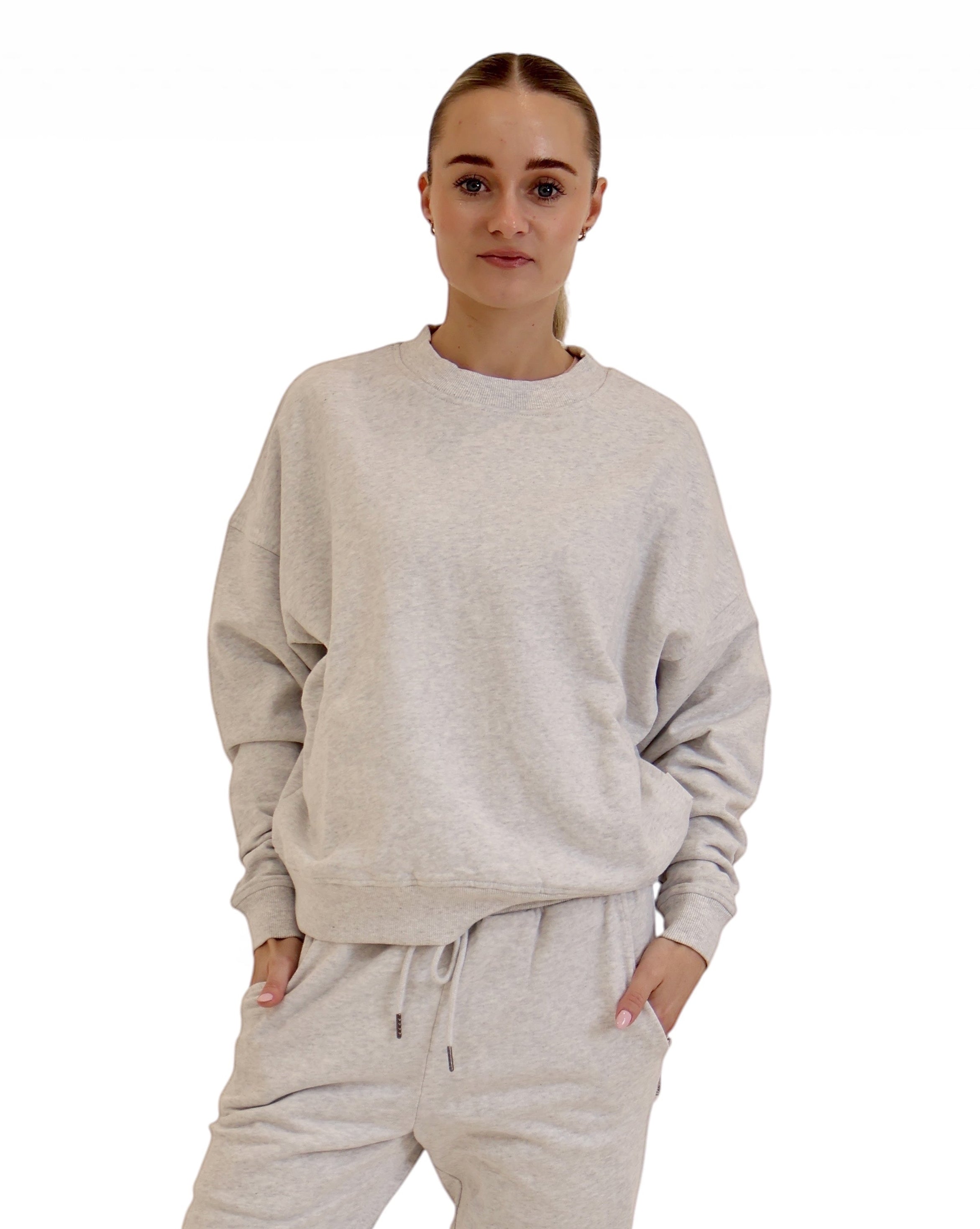 STAPLE Co oversized light grey crewneck sweater and matching joggers in soft regenerative organic cotton fleece